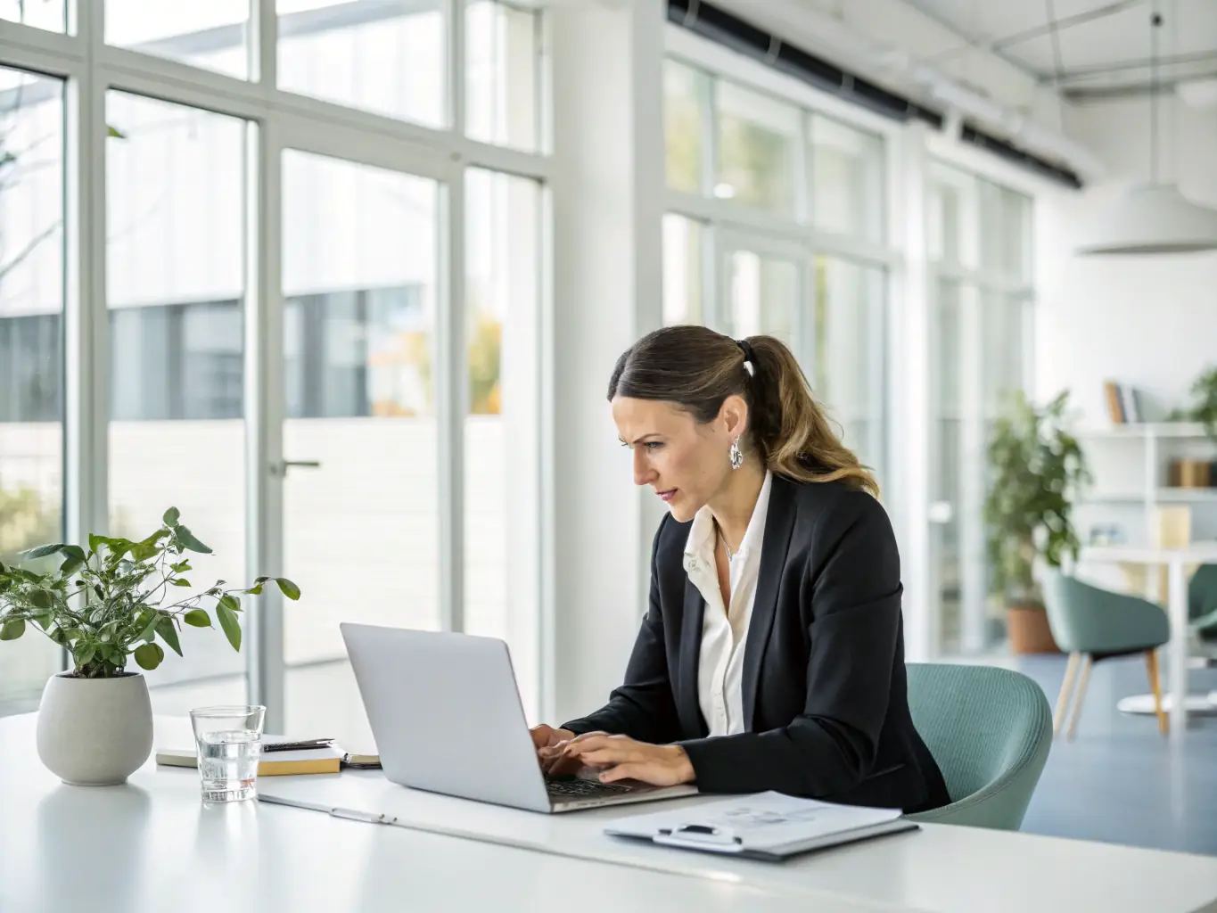 A professional administrator assisting a client with document management in a well-organized office setting, symbolizing efficient admin support.