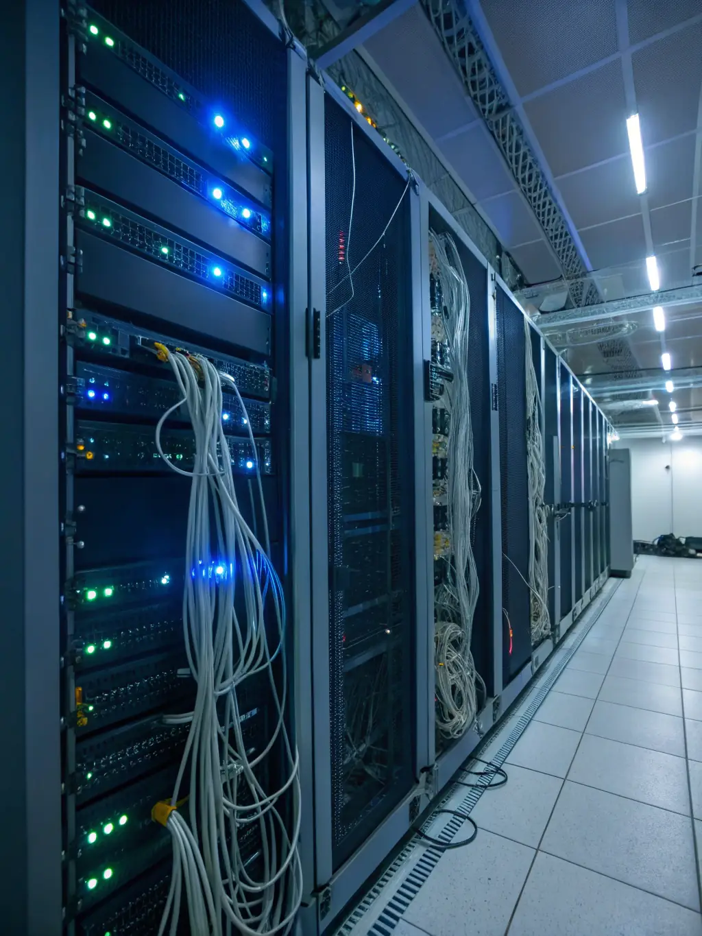 A server room with blinking lights and a technician monitoring the system, emphasizing data security and reliability.