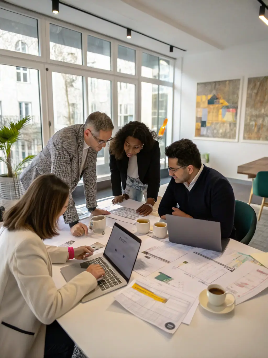 An image of IT consultants in a meeting room, discussing strategy with business clients, showcasing IT consulting services.