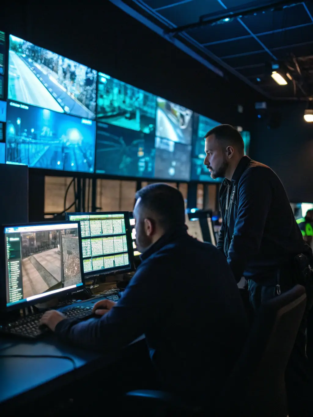 A close-up shot of a security professional monitoring a bank of CCTV screens in a control room, emphasizing the importance of real-time surveillance and rapid response capabilities.