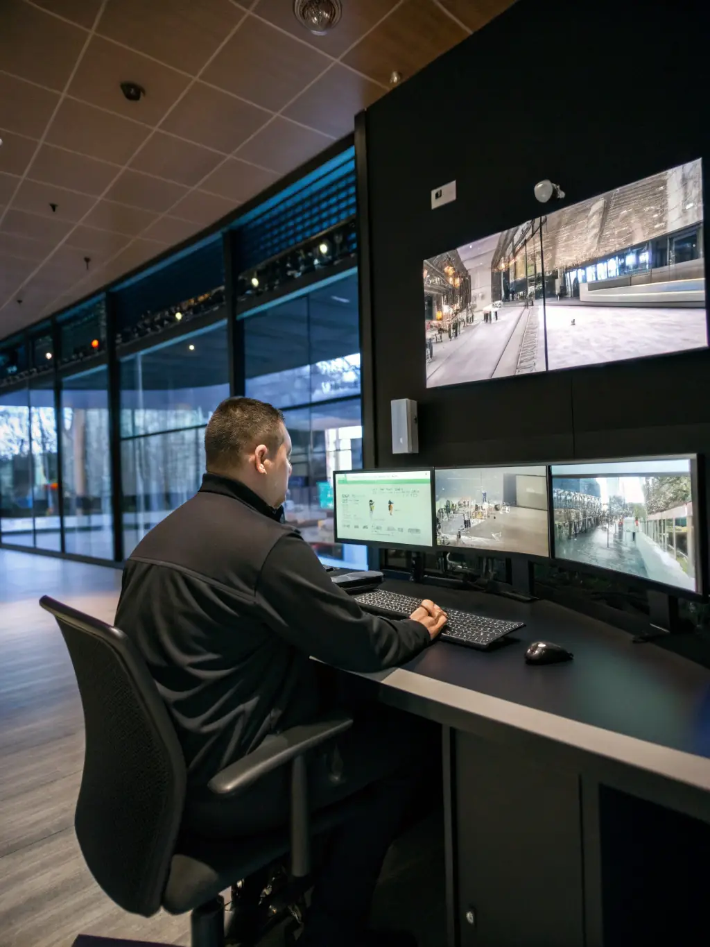 An image showcasing a network video recorder (NVR) with multiple CCTV camera feeds displayed on a monitor, illustrating the centralized management and recording capabilities of the security system.