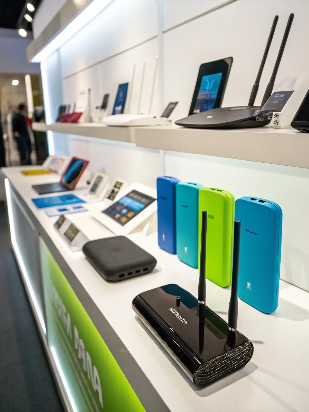 A well-stocked shelf with various computer peripherals such as keyboards, mice, and headsets in a computer store.