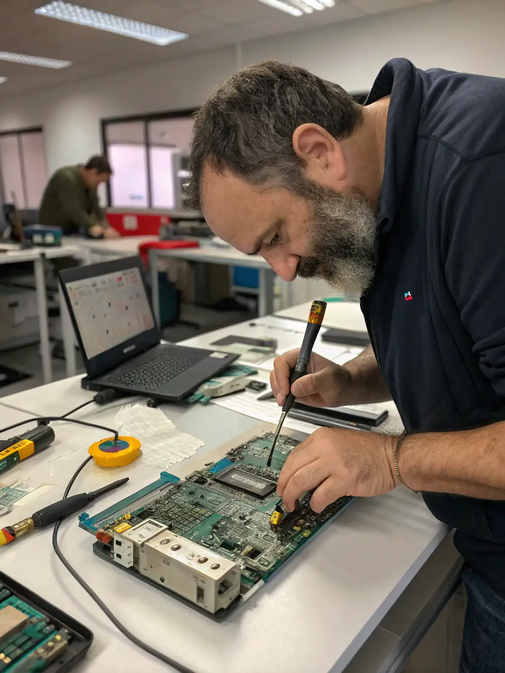 A close-up shot of a technician repairing a laptop motherboard with precision tools in a well-lit workshop.