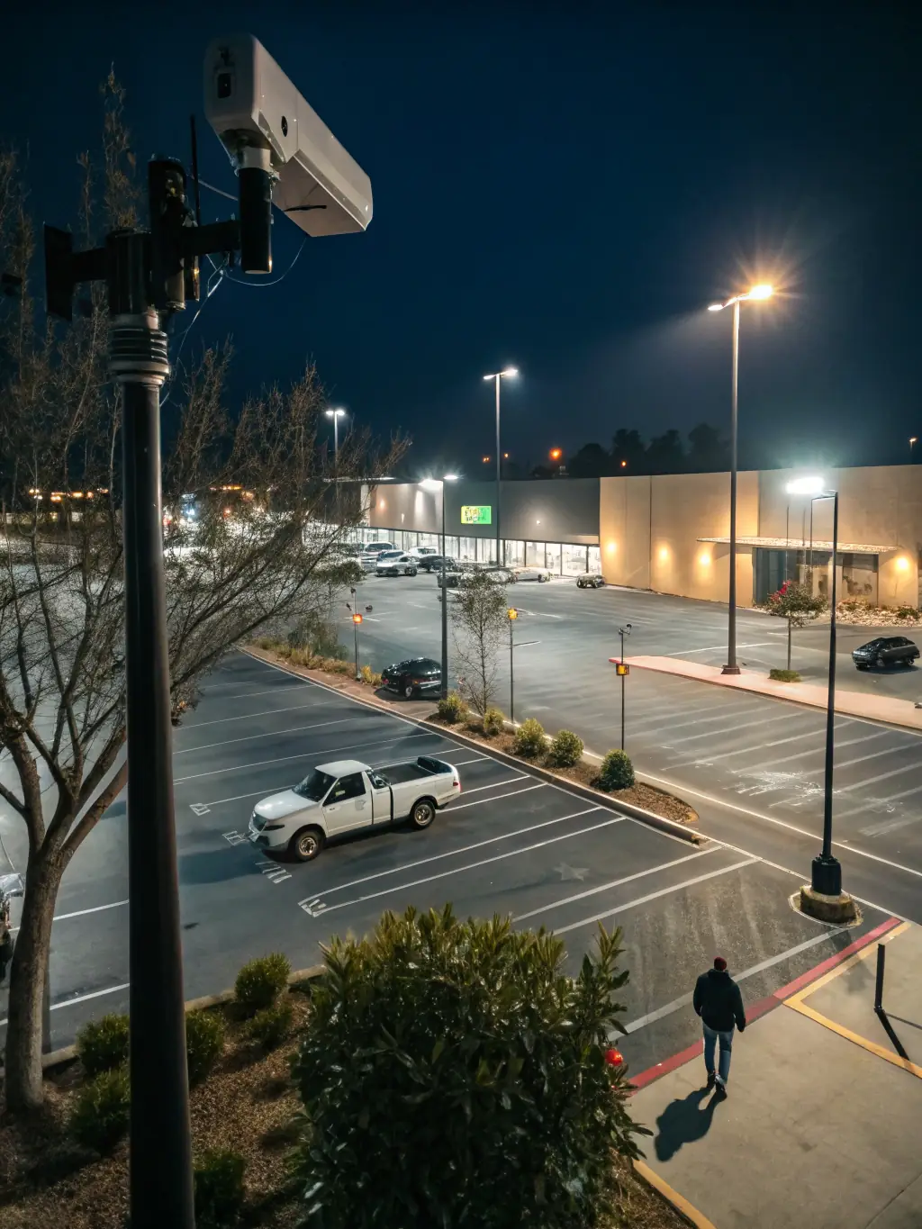 A high-resolution image depicting a modern CCTV camera installed on the exterior wall of a commercial building, capturing a wide-angle view of the parking lot and entrance, emphasizing security and surveillance.