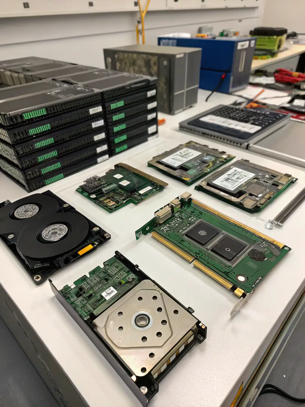 A display case showcasing various computer components such as RAM modules, CPUs, and graphics cards in a retail setting.