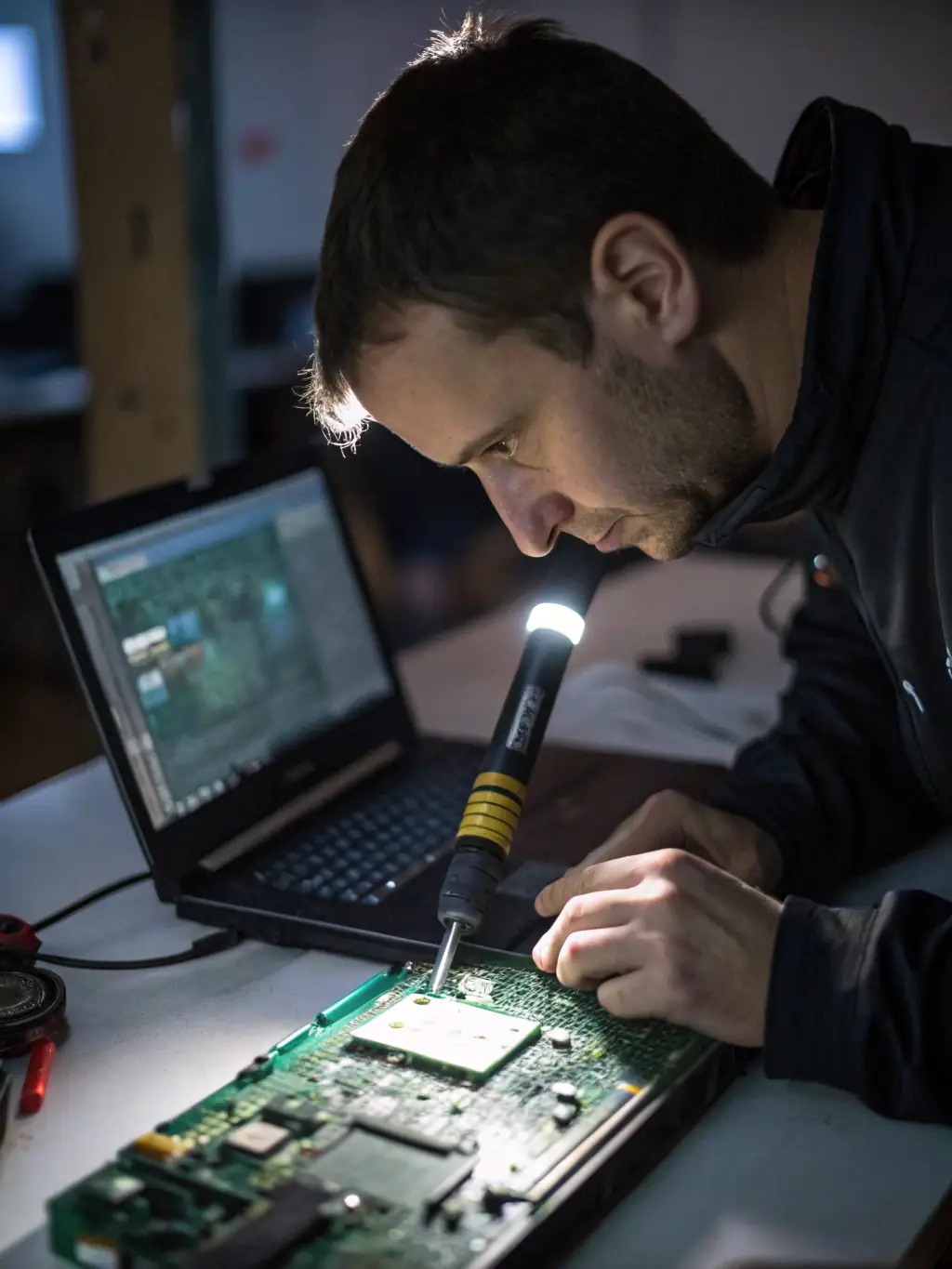 A close-up shot of a technician carefully repairing a laptop motherboard with precision tools in a well-lit workshop.