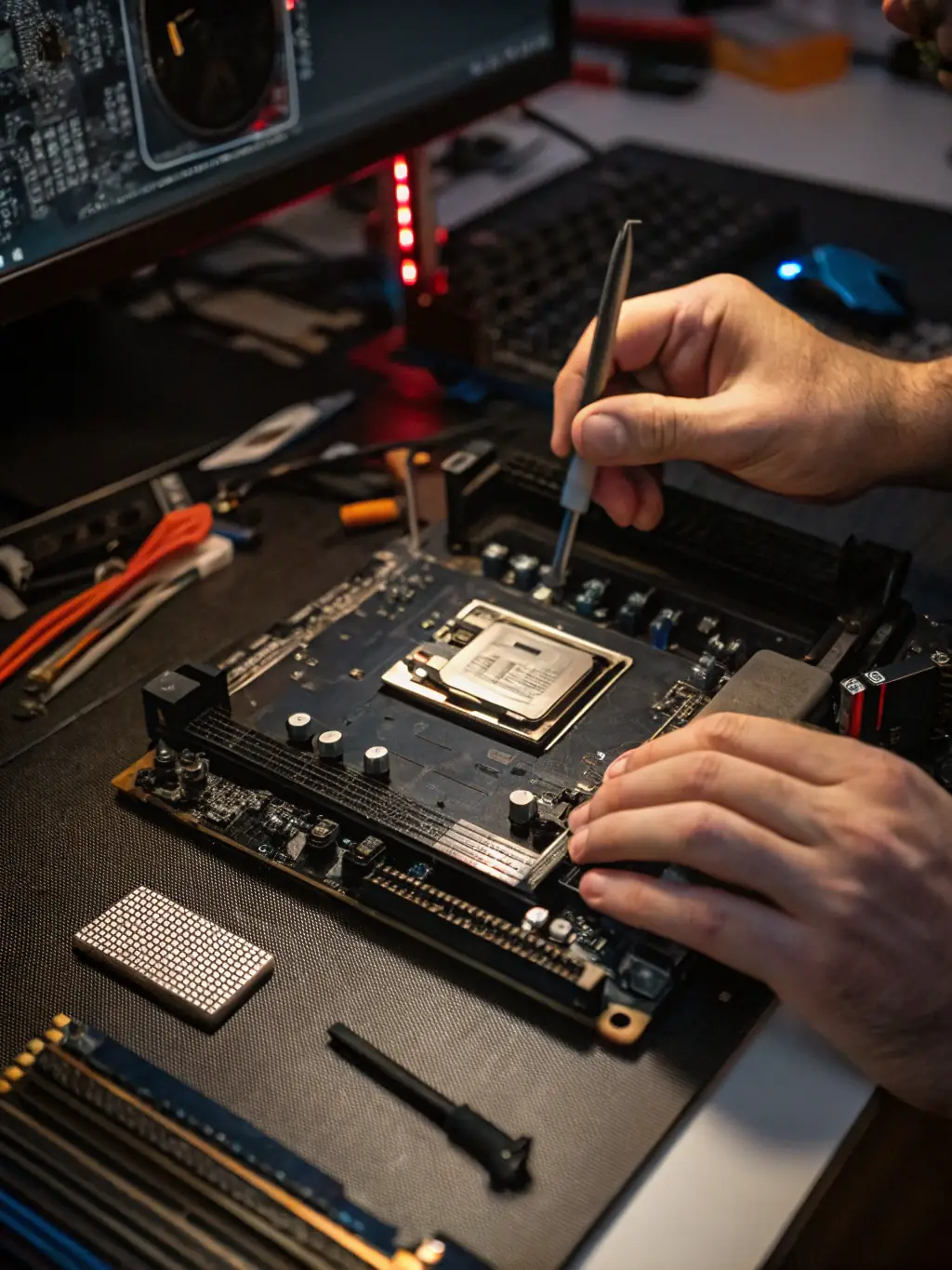 A desktop computer being upgraded with new components by a skilled technician in a clean and organized service center.