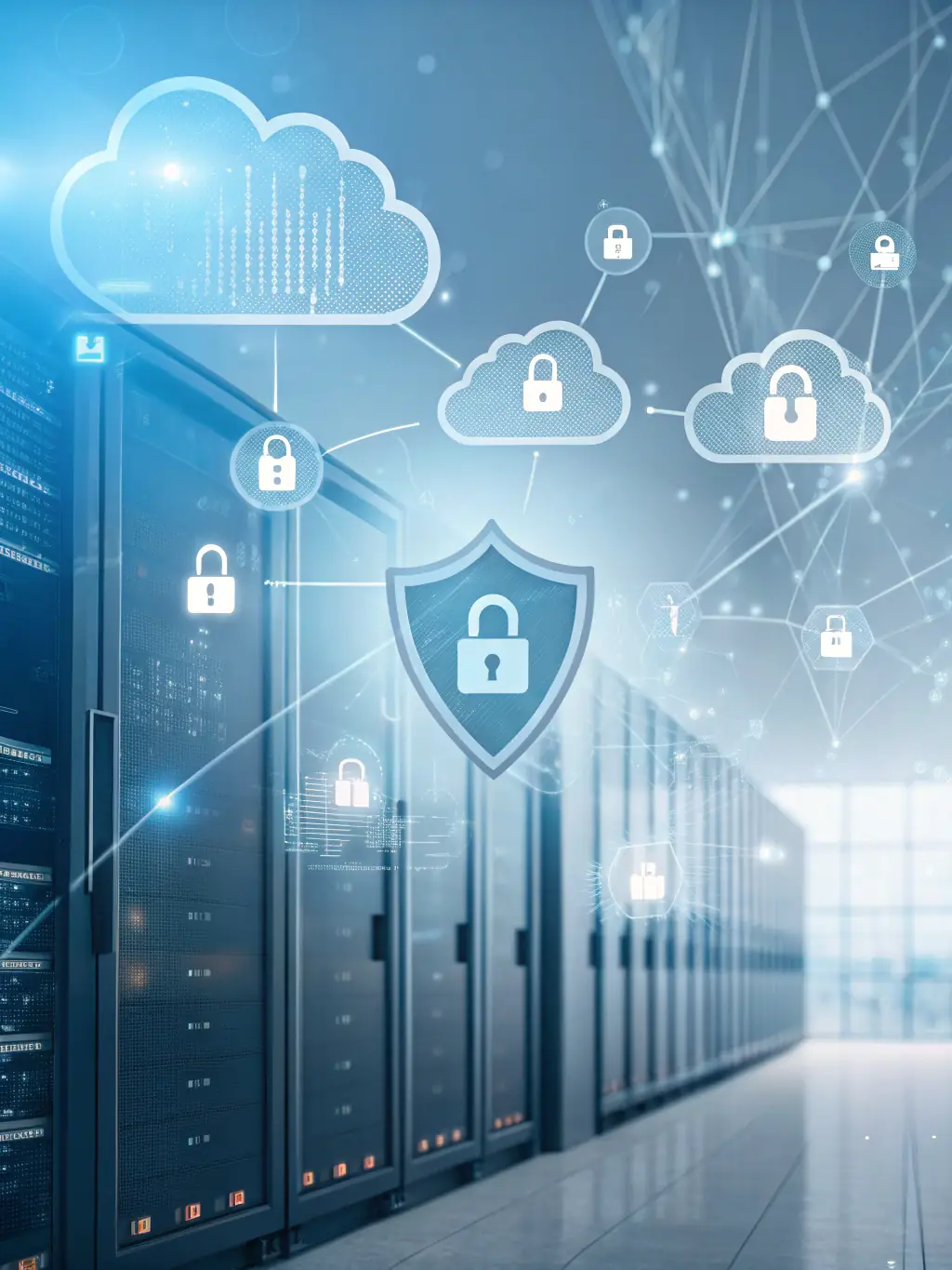 A visual representation of a secure network, with firewalls and encrypted data streams, emphasizing network security for corporate clients.