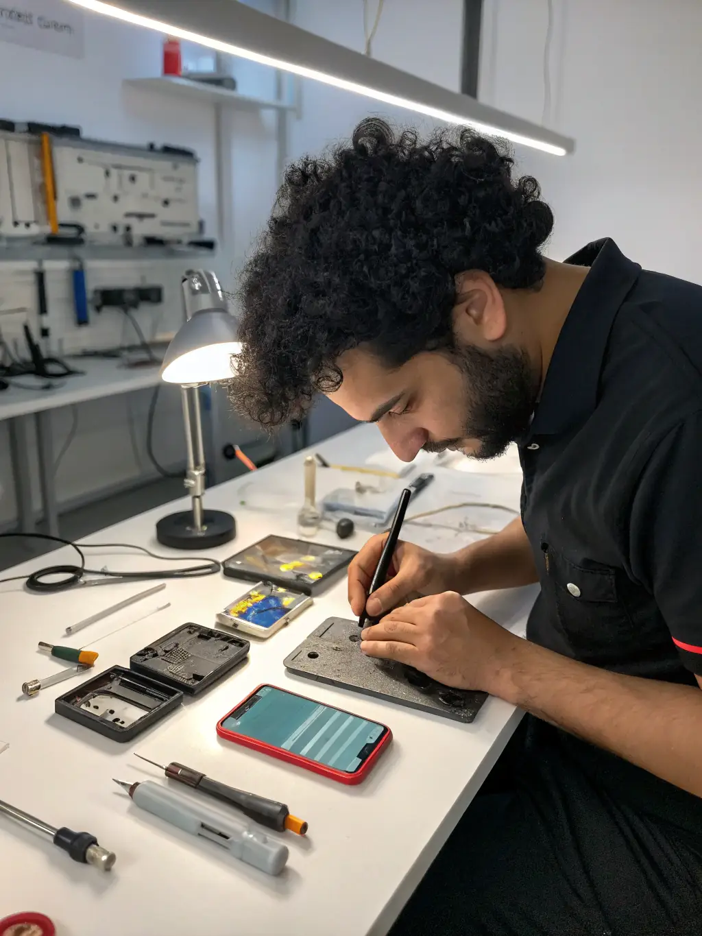 A technician replacing a cracked smartphone screen with a new one in a clean and organized repair environment.