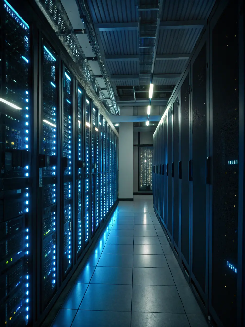 A professional photo of a server room with blinking lights and well-organized racks, symbolizing reliable data management for corporate clients.
