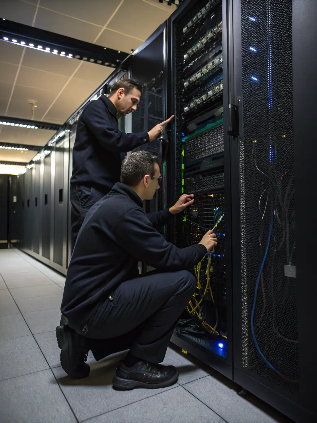 A professional IT technician configuring a server in a modern data center, showcasing network administration services.