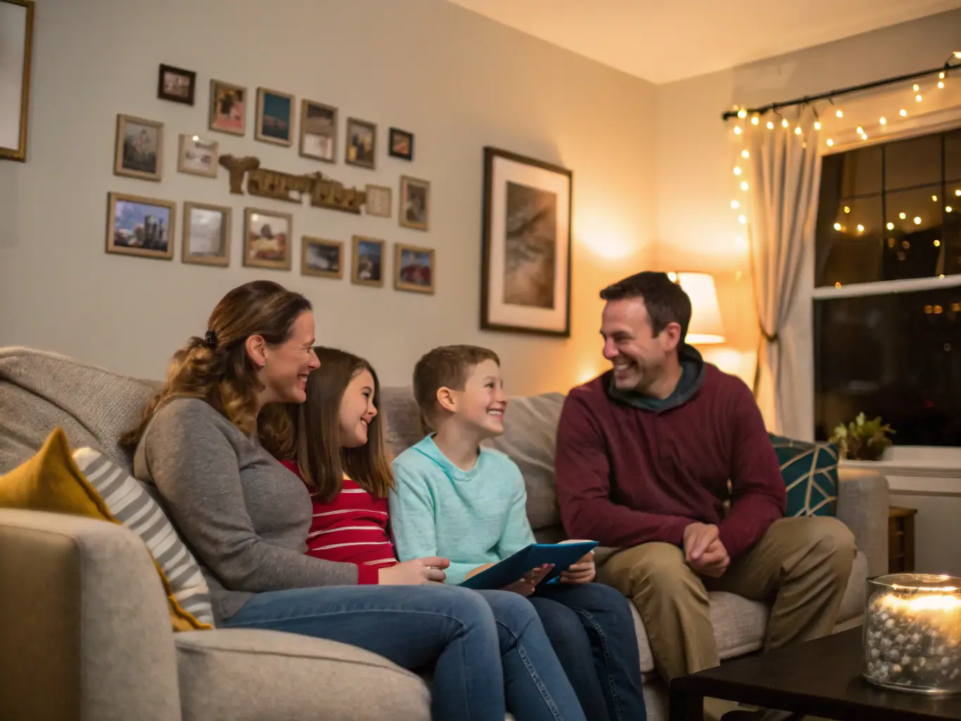 An image showcasing a family relaxing at home, feeling secure and protected, with a subtle visual representation of a home security system in the background, emphasizing the peace of mind it provides.