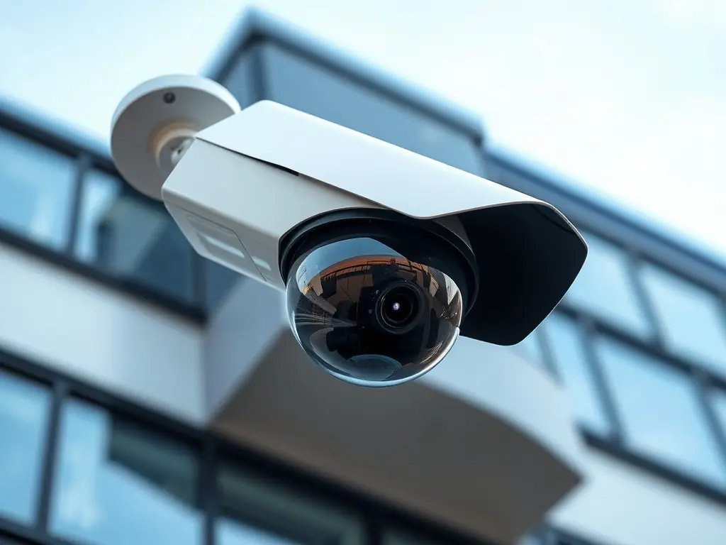 A high-resolution image depicting a modern CCTV camera installed on the exterior wall of a commercial building, showcasing its sleek design and wide field of view, emphasizing its role in business security.