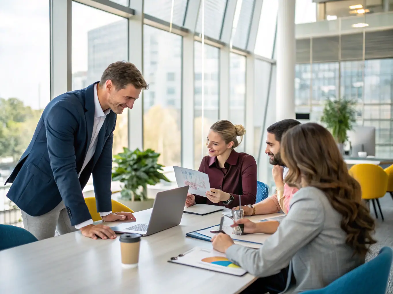 A consultant advising a business team in a meeting room, highlighting IT consulting services.