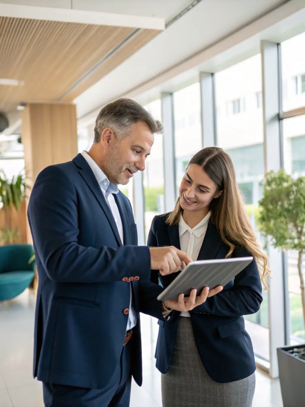 A consultant advising a business team in a modern office setting, representing IT consulting services.