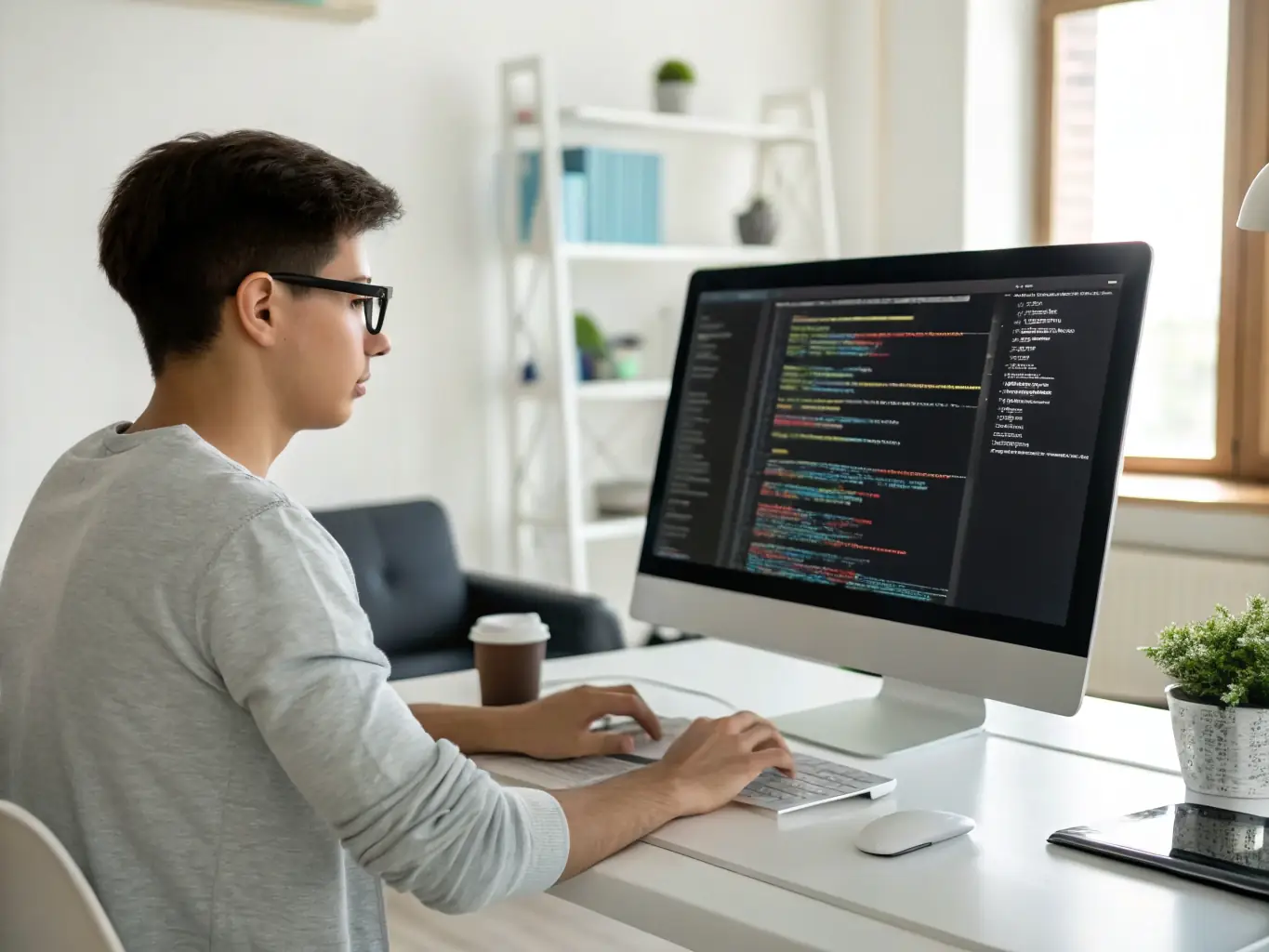 A software developer working on a clean, modern code interface, symbolizing the software implementation services provided by Kumar Hi-Tech Computers.