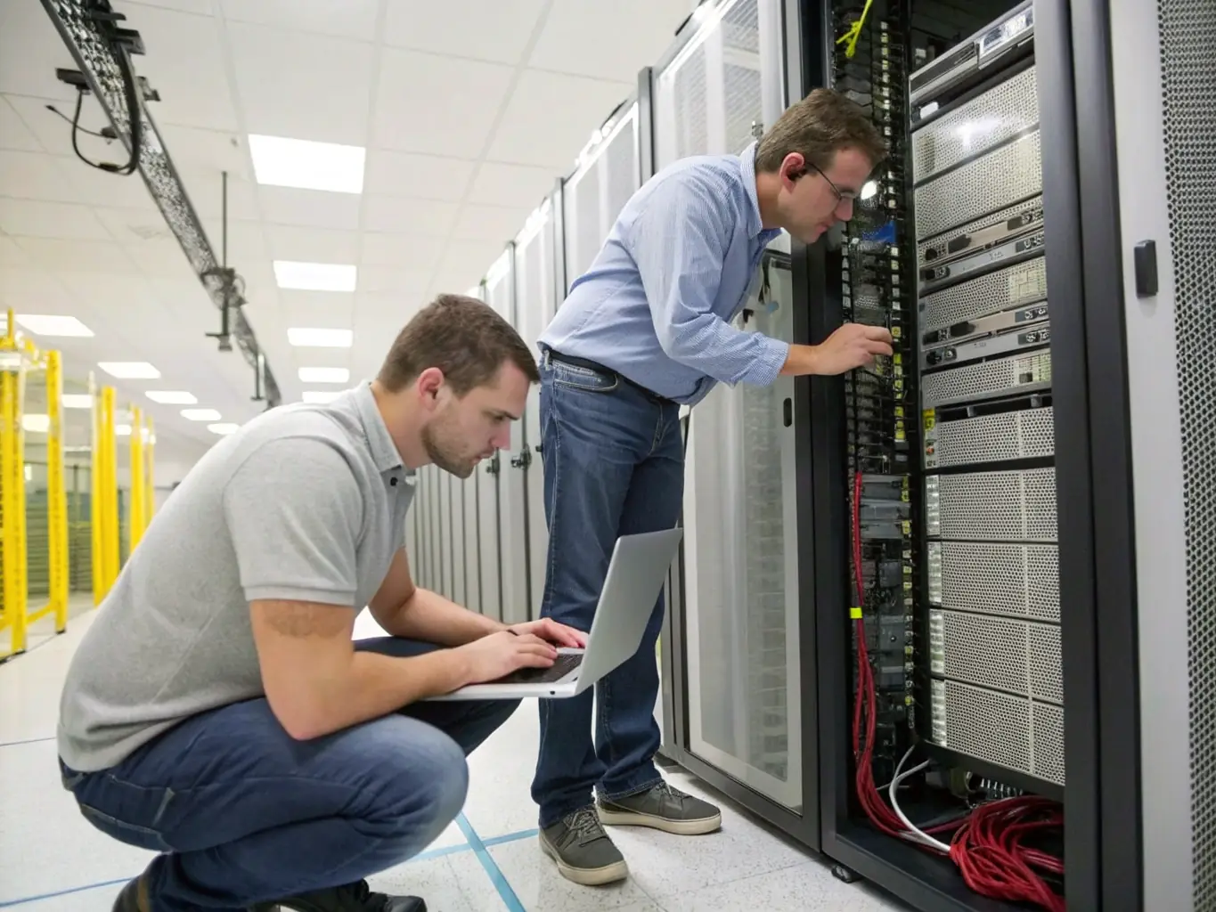 A professional IT technician configuring a network server in a modern office environment, showcasing network administration services.