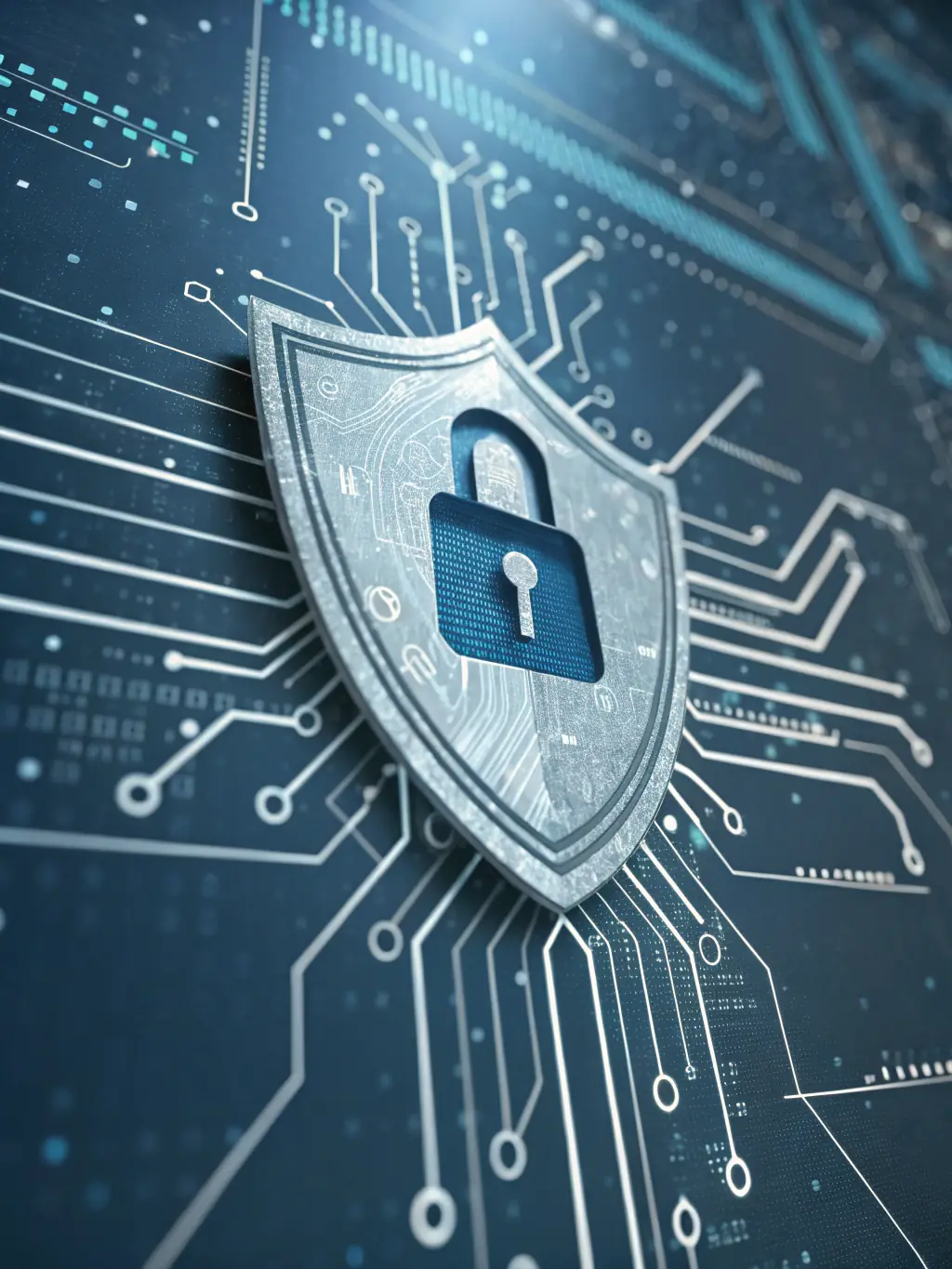 A digital illustration of a shield with a lock icon, representing cybersecurity solutions offered by Kumar Hi-Tech Computers.