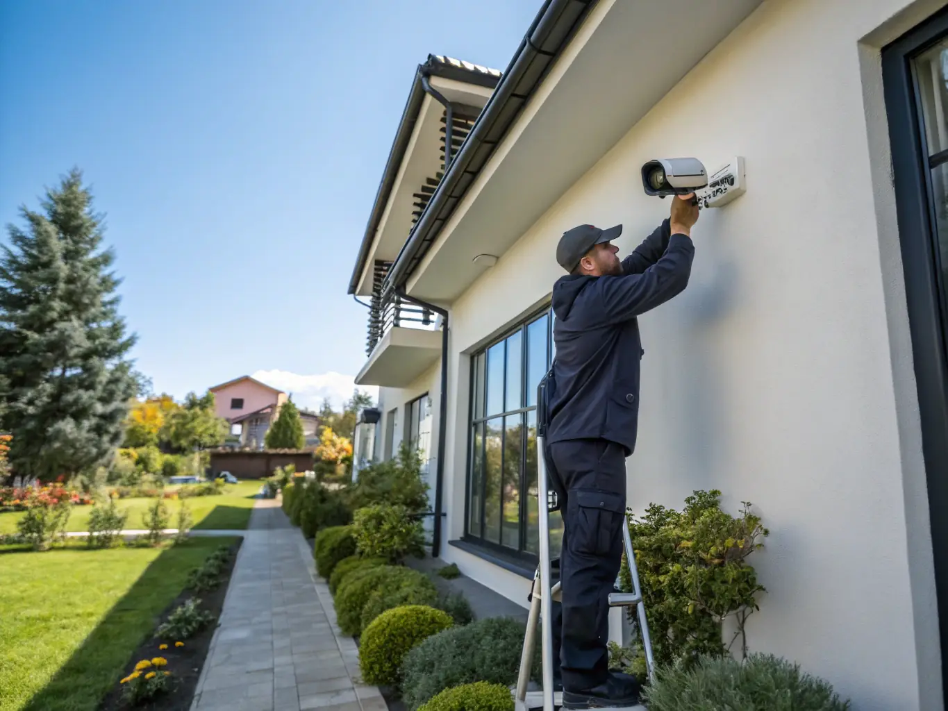 A professional technician installing a CCTV camera in a residential setting, demonstrating the expertise and care taken during the installation process, emphasizing the quality of service provided by Kumar Hi-Tech Computers.