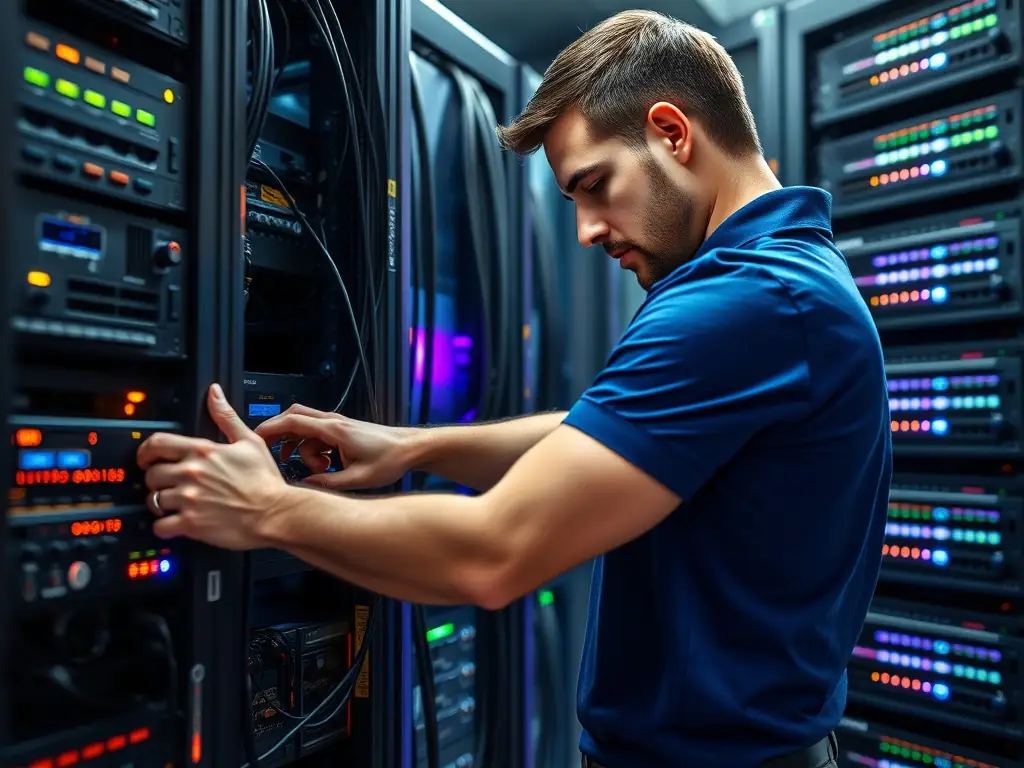 A professional IT technician configuring a network server in a modern office environment, showcasing the network setup services offered by Kumar Hi-Tech Computers.