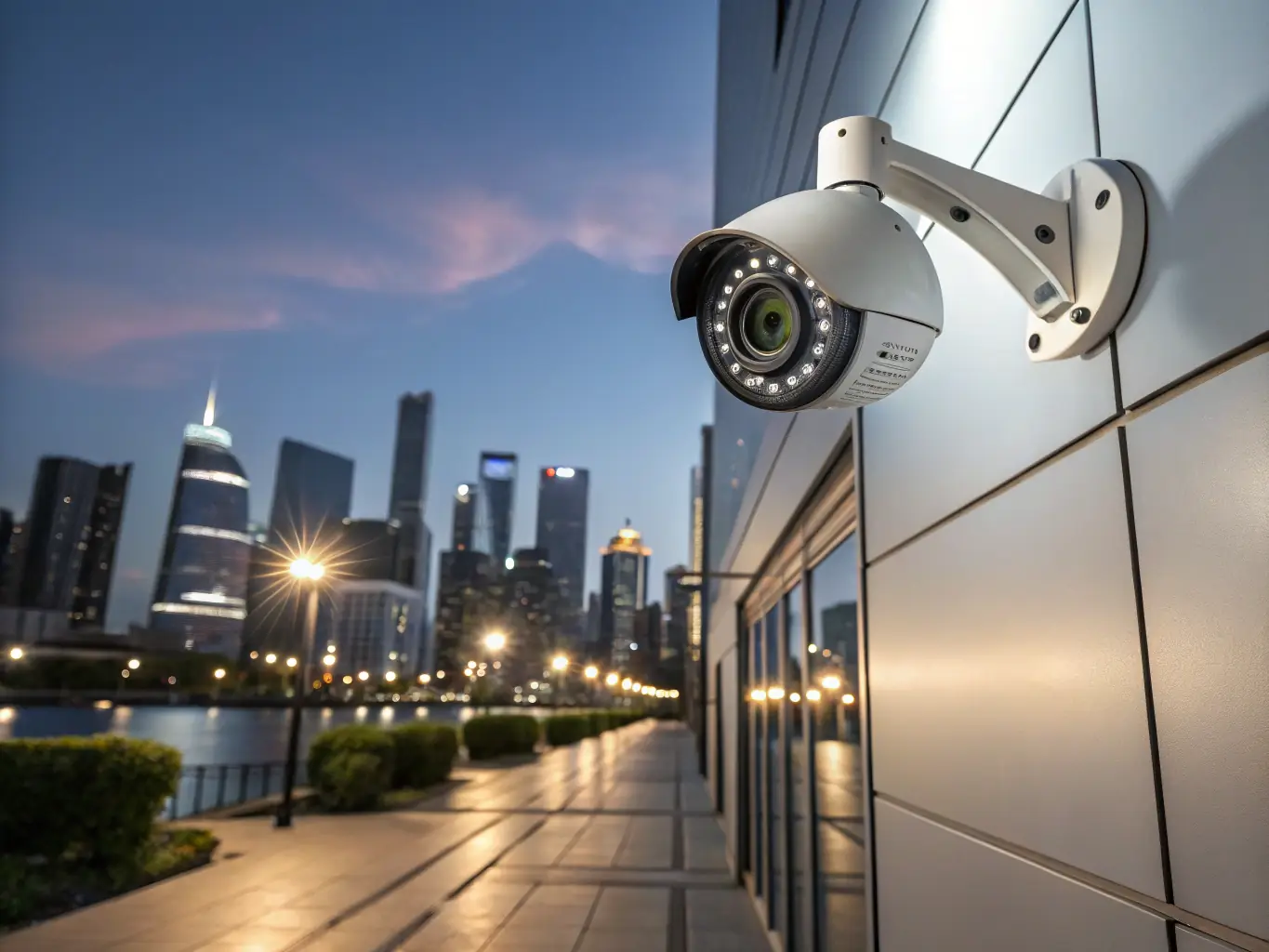 A high-resolution image depicting a modern CCTV camera installed on the exterior wall of a commercial building, focusing on its sleek design and wide field of view, symbolizing enhanced security and surveillance capabilities.