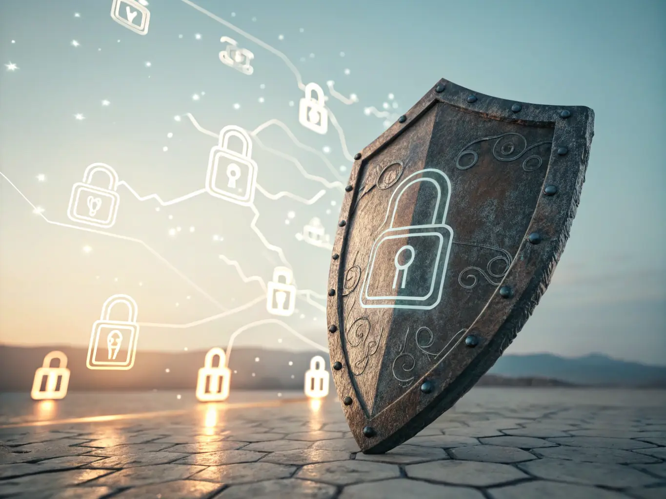 A digital illustration of a shield with a lock icon, representing cybersecurity measures implemented by Kumar Hi-Tech Computers to protect businesses from cyber threats.