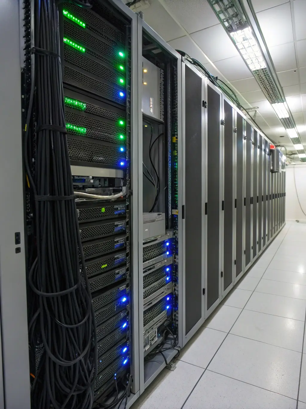 A server room with blinking lights and well-organized racks, representing Kumar Hi-Tech Computers' server maintenance services.